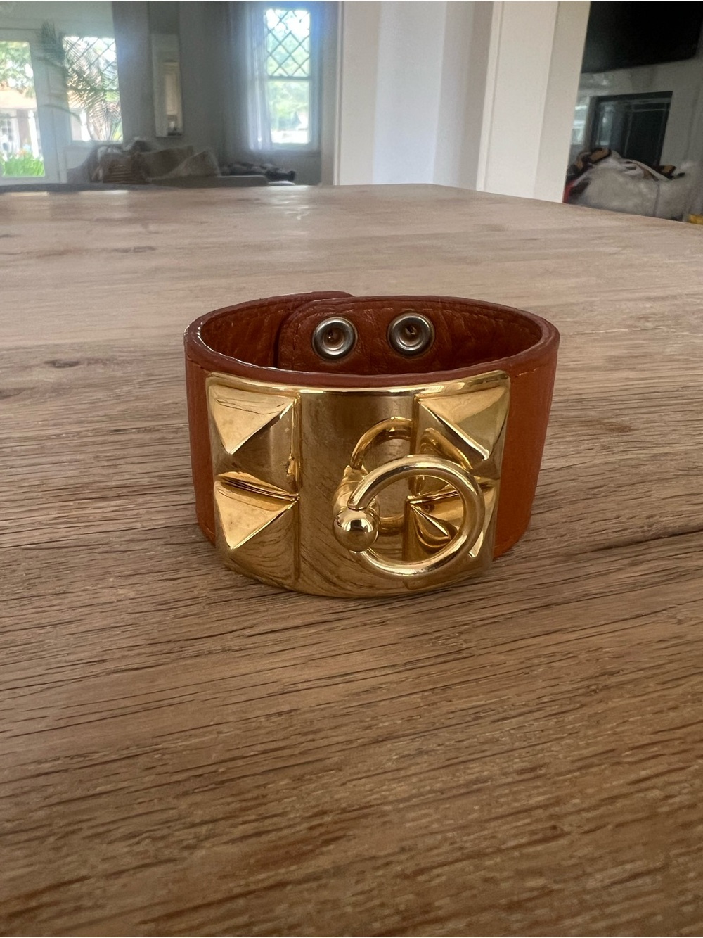 Brown Leather Gold Studded Statement Cuff Bracelet